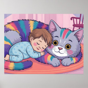 Poster Bébé mignon dormant sur un énorme chat duveteux ar