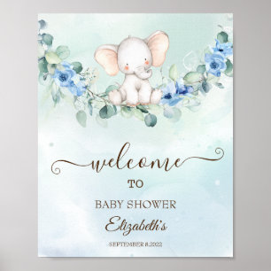 Poster Bébé mignon Eléphant Bleu Roses