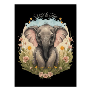 Poster Bébé mignon Eléphant Calf Fleur sauvage Wanderlust