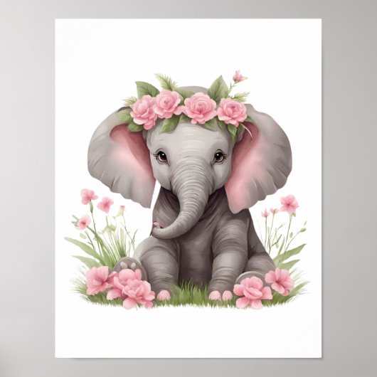 Poster Bébé mignon Eléphant Fleurs roses Pépinière (Devant)