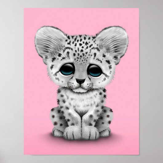 Poster Bébé mignon Léopard de neige sur rose (Devant)