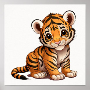 Poster Bébé mignon petit tigre assis sur fond blanc