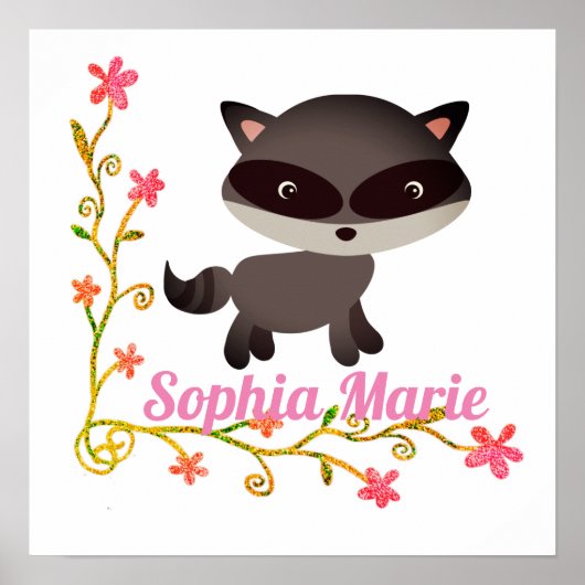 Poster Bébé mignon Raccoon avec fleurs (Devant)