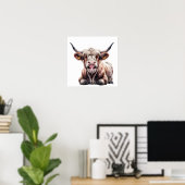 Poster Bébé mignon vache Highland avec fleurs - Agritouri (Bureau à domicile)