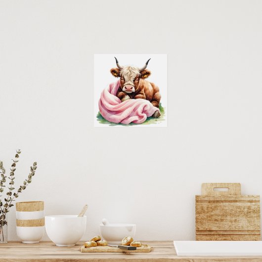 Poster Bébé mignon vache Highland avec fleurs - Agritouri (Cuisine)