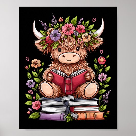 Poster Bébé mignon vache Highland avec livre de lecture v (Devant)