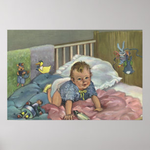 Poster Bébé mignon vintage jouant dans un berceau, heure