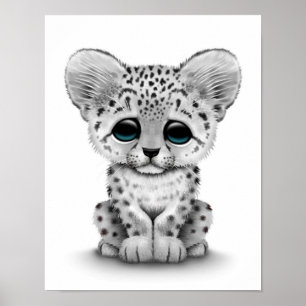 Poster Bébé mignonne Léopard de neige sur blanc