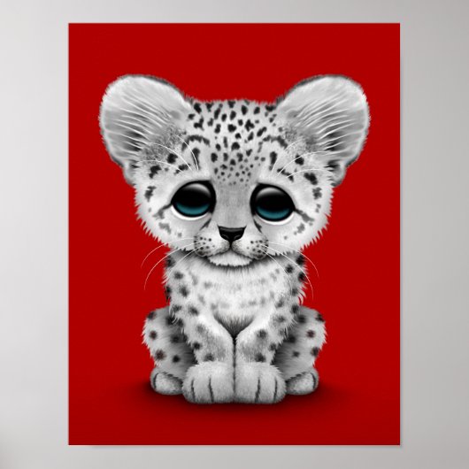 Poster Bébé mignonne Léopard de neige sur rouge (Devant)
