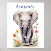 Poster Bébé mou Eléphant Pastel Aquarelle Fleur de printe (Devant)