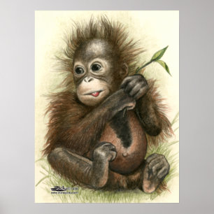 Poster Bébé orang-outan avec des feuilles