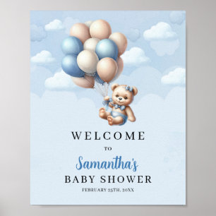 Poster Bébé ours bleu ballons d'ivoire Baby shower accuei