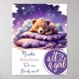 Poster Bébé ours dormant violet Galaxy Baby shower fille