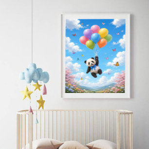 Poster Bébé Panda faisant flotter des ballons colorés