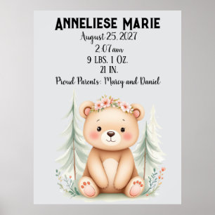 Poster Bébé personnalisé Ours de naissance Statistiques F