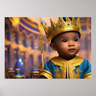 Poster Bébé prince garçon or palais couronne bleu ethniqu