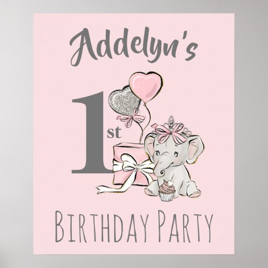 Poster Bébé Princesse Éléphant Fille Rose Gris 1er Annive (Devant)