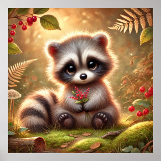 Poster Bébé Raton Laveur Mignon avec des Baies Rouges – A