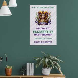 Poster Bébé Shower Libra Lavande et Vert Signe du Zodiaqu