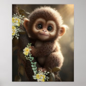 Poster Bébé singe mignon assis sur un arbre aux fleurs ja (Devant)