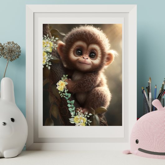 Poster Bébé singe mignon assis sur un arbre avec des fleu