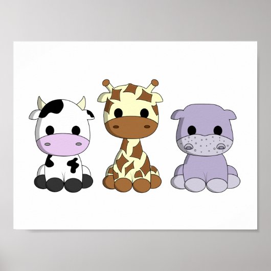 Poster Bébé vache girafe hippopotame mignon dessin animé  (Devant)