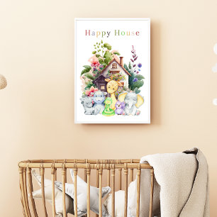 Poster Bébés Animaux Mignons Et Maison Heureuse Texte C