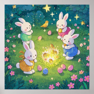 Poster Bébés de Pâques cachant des oeufs dans un jardin