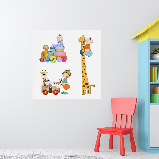 Poster Bébés Garçons avec Train de Crèche Girafe et Chari