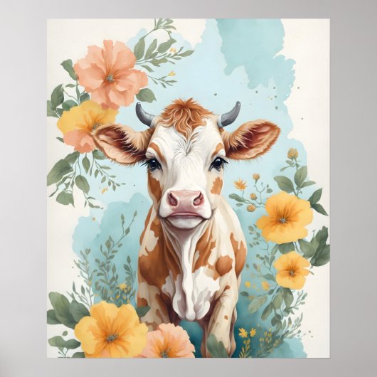 Poster Bébés mignons animaux | Vache adorable Fleur de ve (Devant)