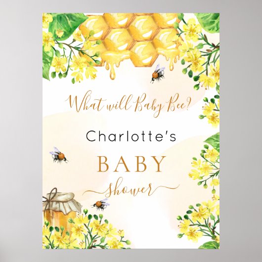 Poster Bee Baby Shower yellow gender reveal party (Devant)