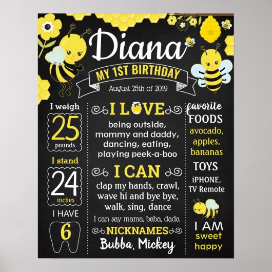 Poster Bee First Birthday Party chalkboard garçon fille (Devant)