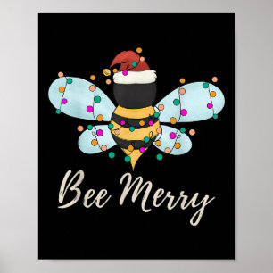 Poster Bee Joyeux Noël Bee Wears Santa Hat Xmas Light
