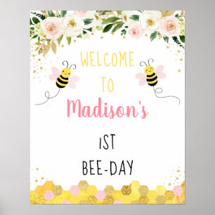 Poster Bee Pink Gold Floral Anniversaire Bee Day Bienvenu