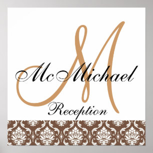 Poster Beige Brown Damas Monogramme Réception de mariage