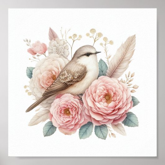 Poster Bel Oiseau & Roses (Devant)