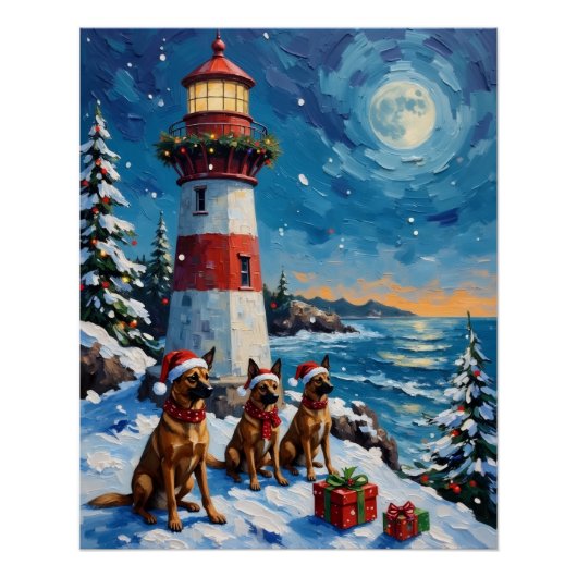 Poster Belgian Malinois Noël Phare Vacances (Devant)