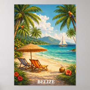 Poster Belize Caraïbes Tropical Voyage Vintage