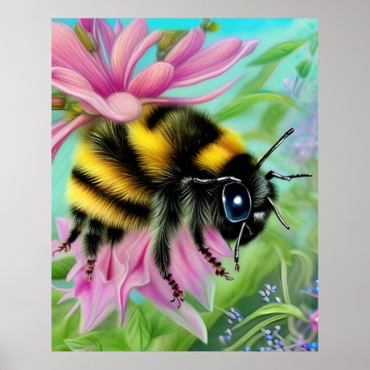Poster Belle abeille sur une fleur rose Gros plan (Devant)