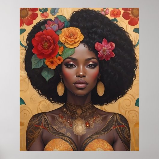 Poster Belle Africaine Américaine Avec Fleurs (Devant)