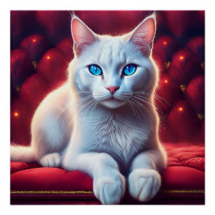 Poster Belle Albino Bleu Oyé Chat Sur Canapé Rouge Exotiq
