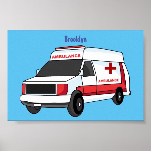 Poster Belle ambulance rouge caricature van (Devant)