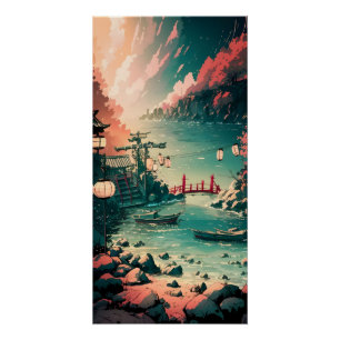 Poster Belle Aquarelle japonaise scène portuaire