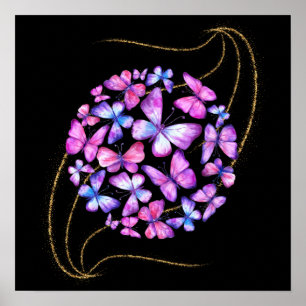 Poster Belle Aquarelle Papillons avec Boule d'Or