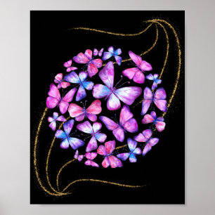 Poster Belle Aquarelle Papillons avec Boule d'Or