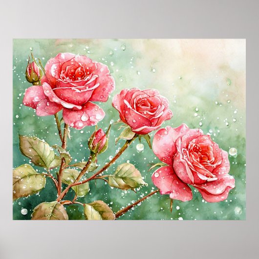 Poster Belle aquarelle Peinture des Roses Rouges (Devant)