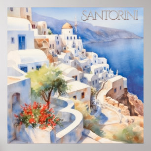 Poster Belle aquarelle Santorin Grèce Voyage