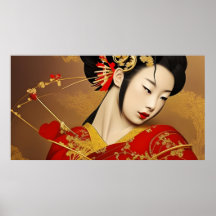 Belle asiatique femme geisha or rouge
