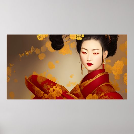 Poster Belle asiatique femme geisha rouge or 2 (Devant)
