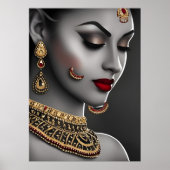 Poster Belle Asiatique Indienne Noir Blanc Rouge Gems (Devant)